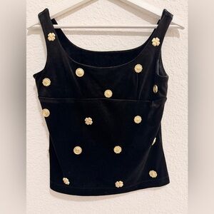 Elegant Black Velvet Sleeveless Top with Gold Accents | 90s Glam Evening Chic